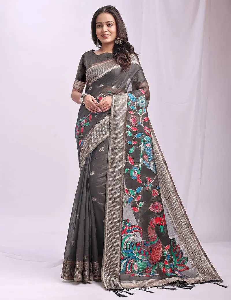 Woven jacquard grey linen cotton saree