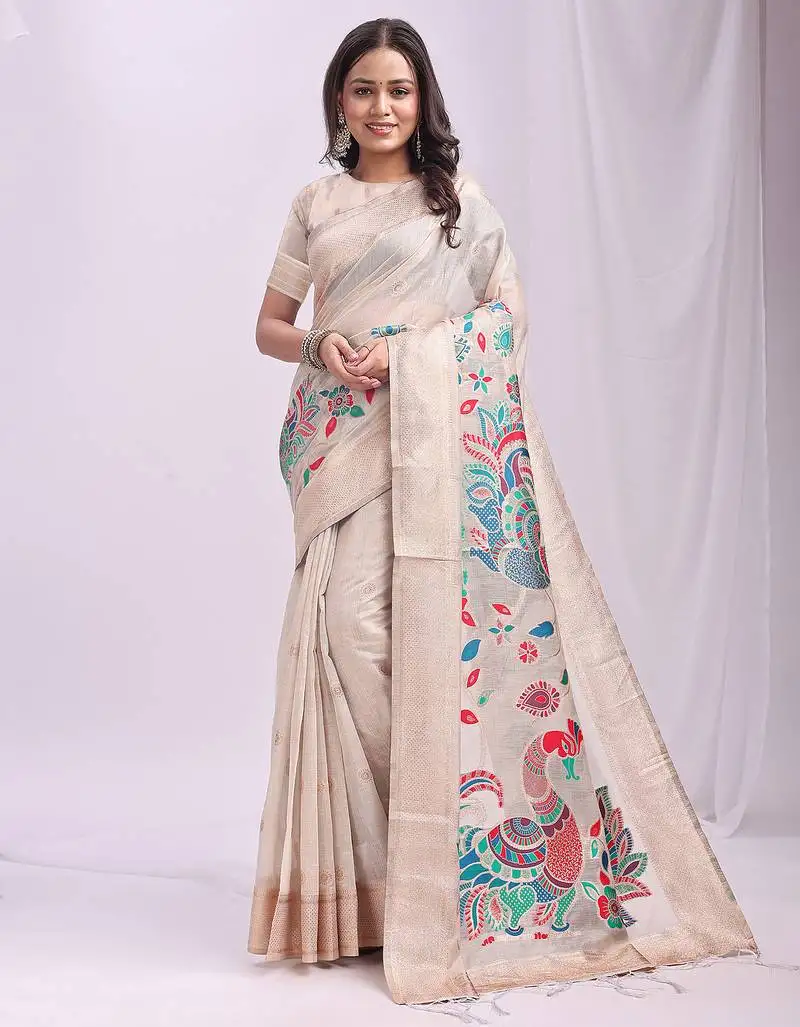 Woven jacquard cream linen cotton saree
