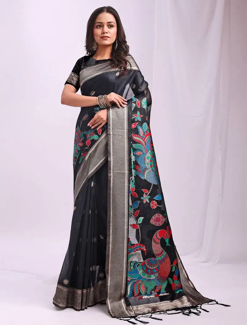 Woven jacquard black linen cotton saree