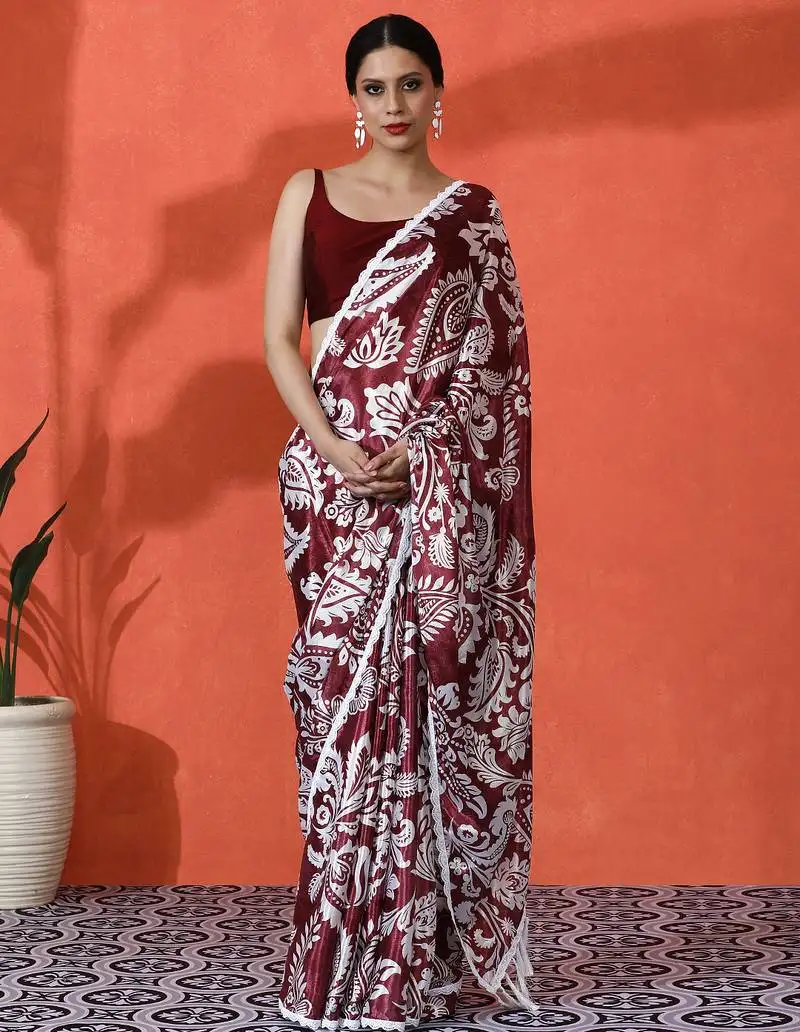 Wine chinon digital printed saree