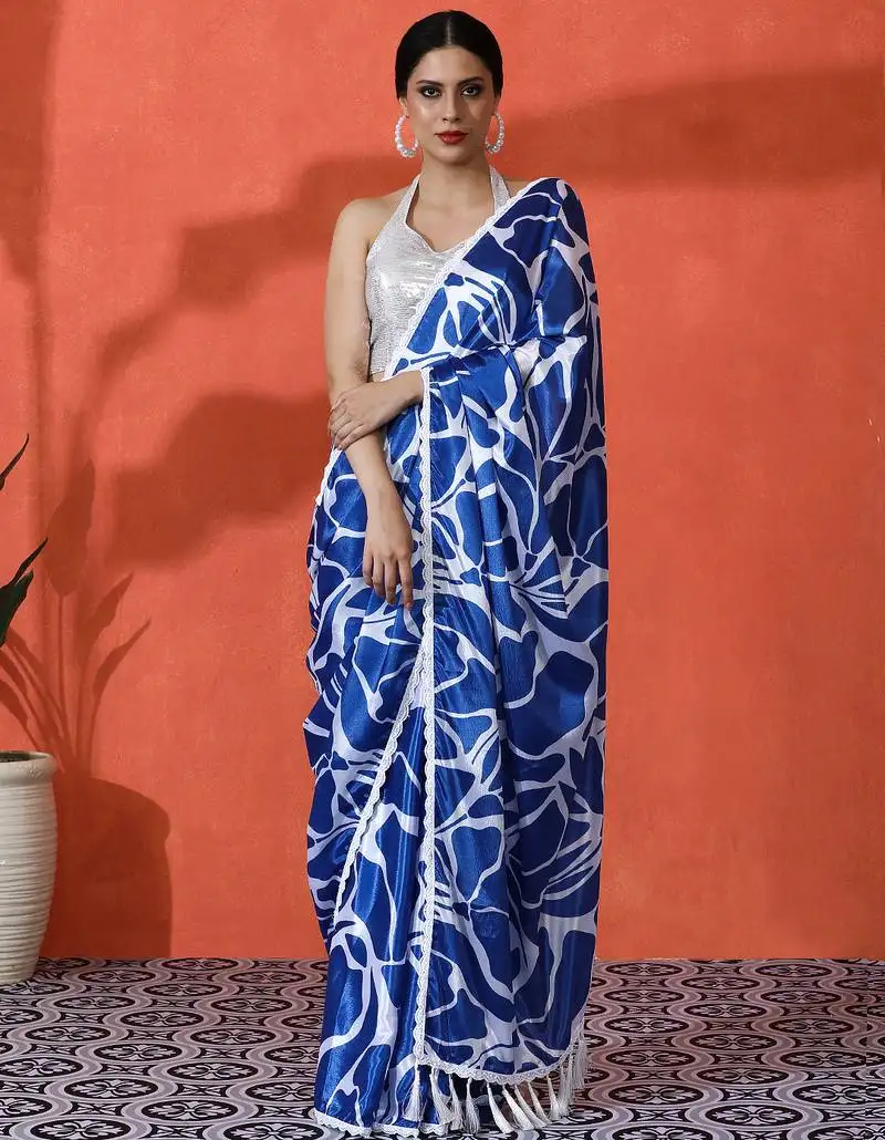 Blue chinon digital printed saree