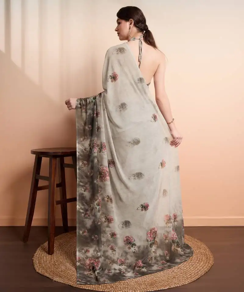 Silver faux georgette printed saree