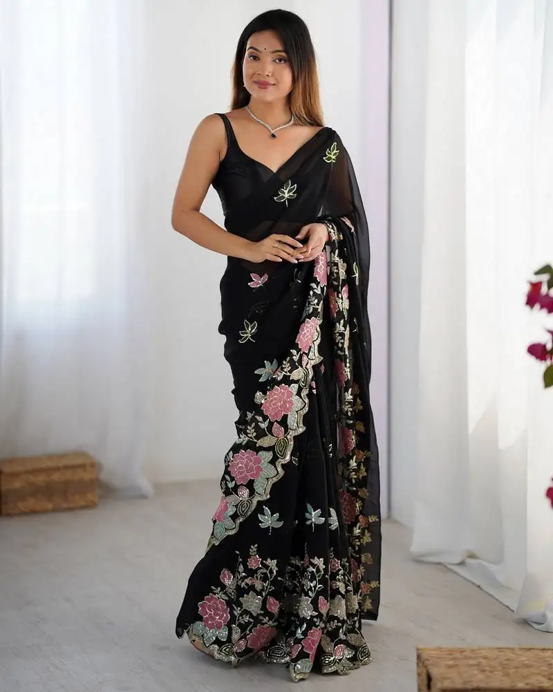 Black floral embroidered sequins work saree
