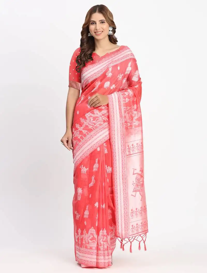 Red linen cotton woven saree