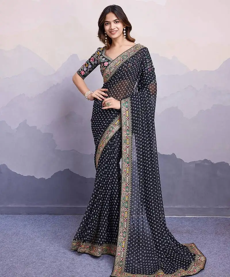 Black georgette bandhej saree