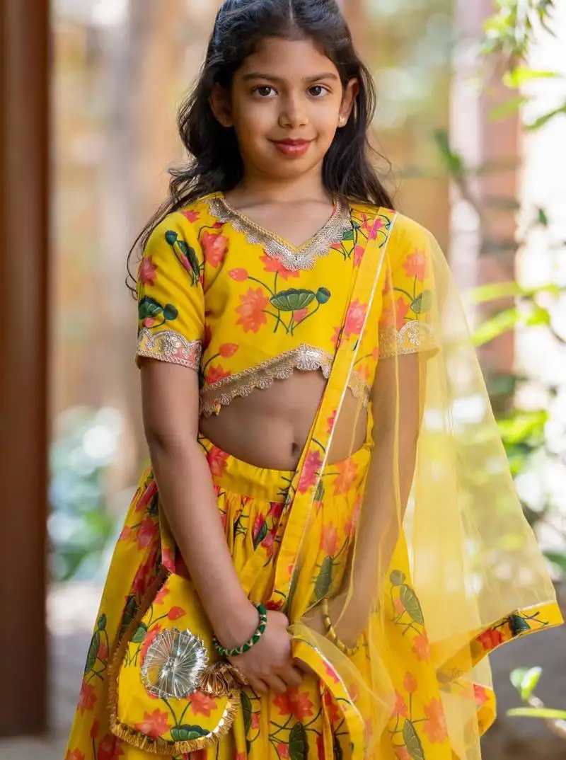 Yellow printed chanderi lehenga set