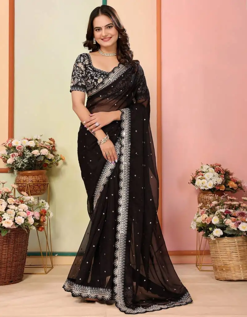Black organza embroidered saree