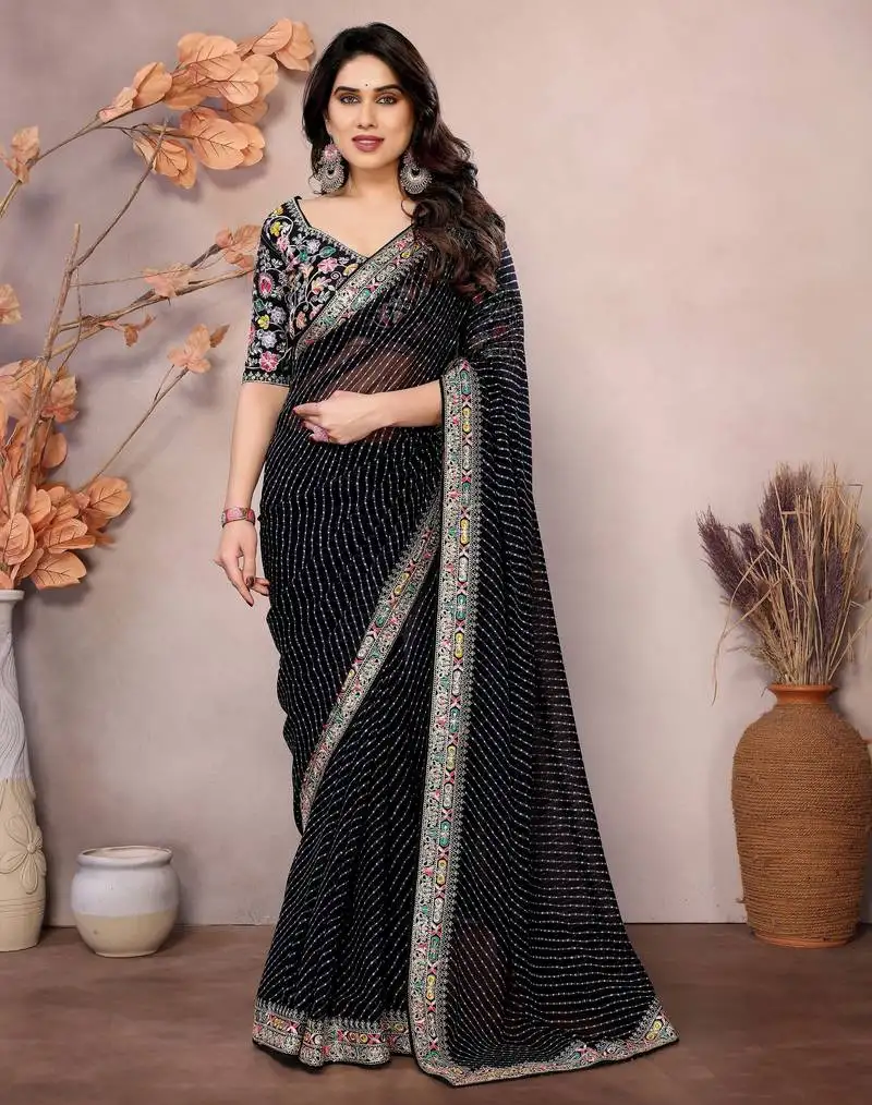 Black georgette embroidered leheria saree