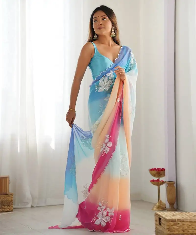 Sky blue padding georgette sequins embroidered saree