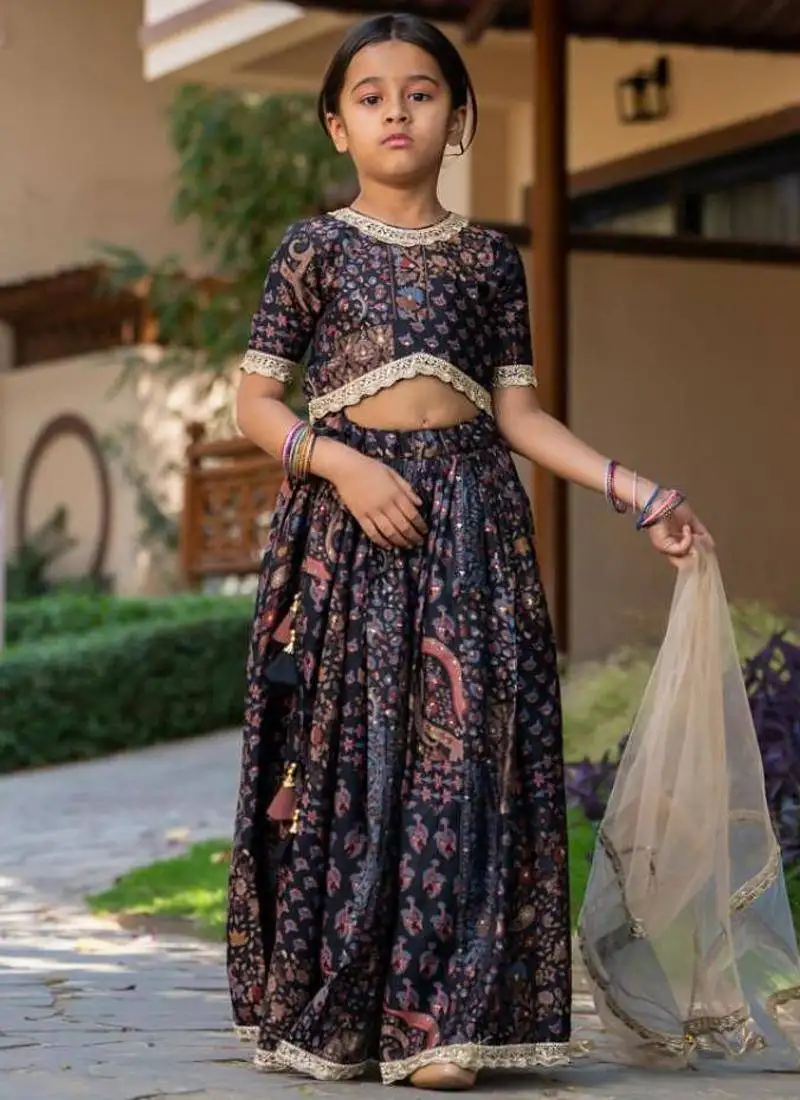 Black printed chanderi lehenga set