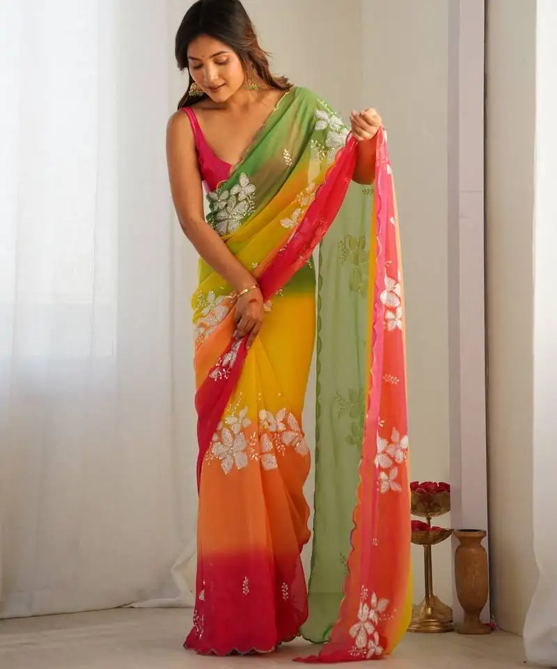 Yellow padding georgette sequins embroidered saree