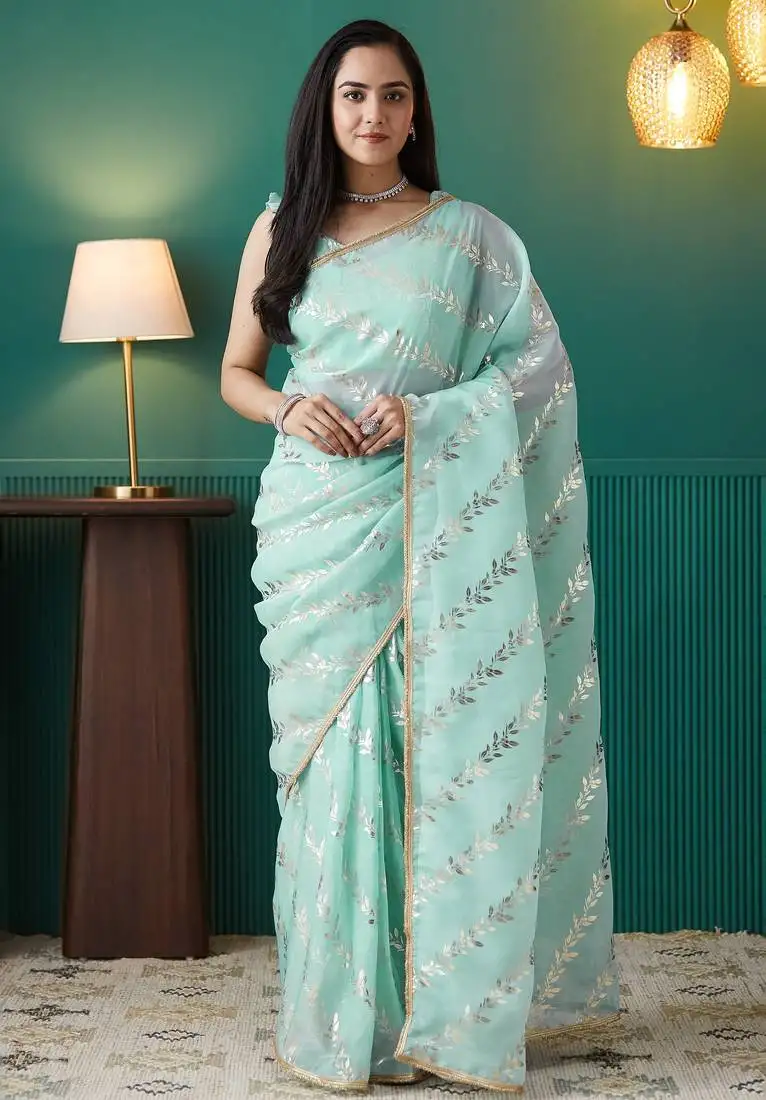 Sea green organza foil printed ready to wear saree