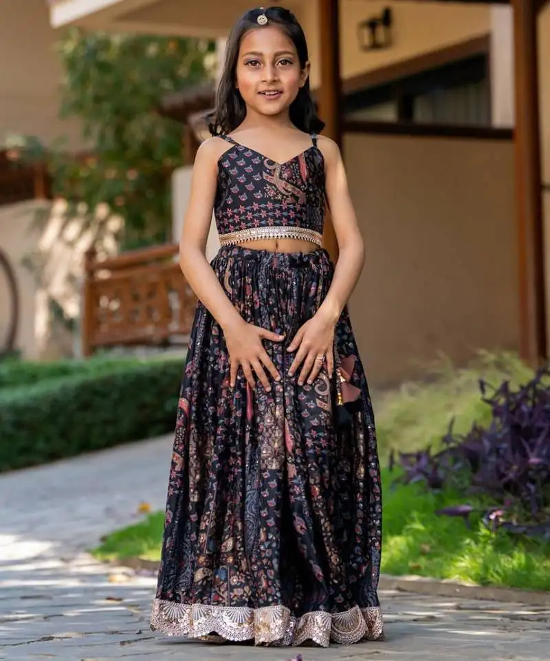 Black printed cotton lehenga set