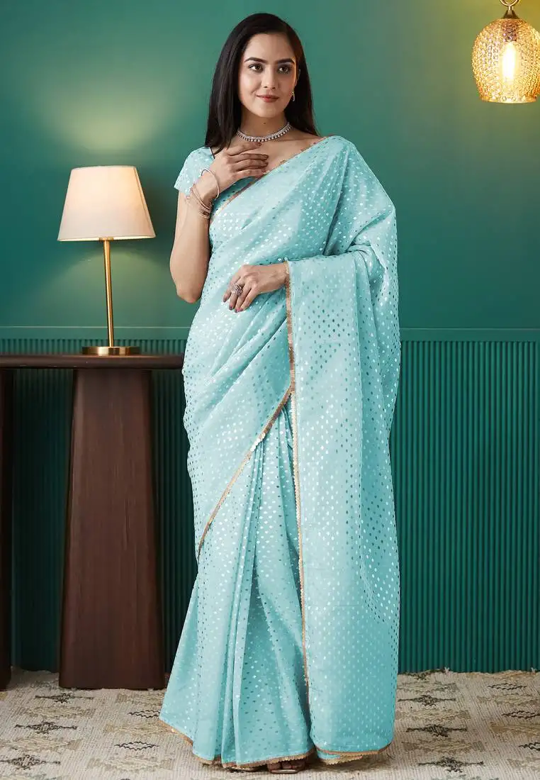 Sky blue organza foil printed ready to wear saree