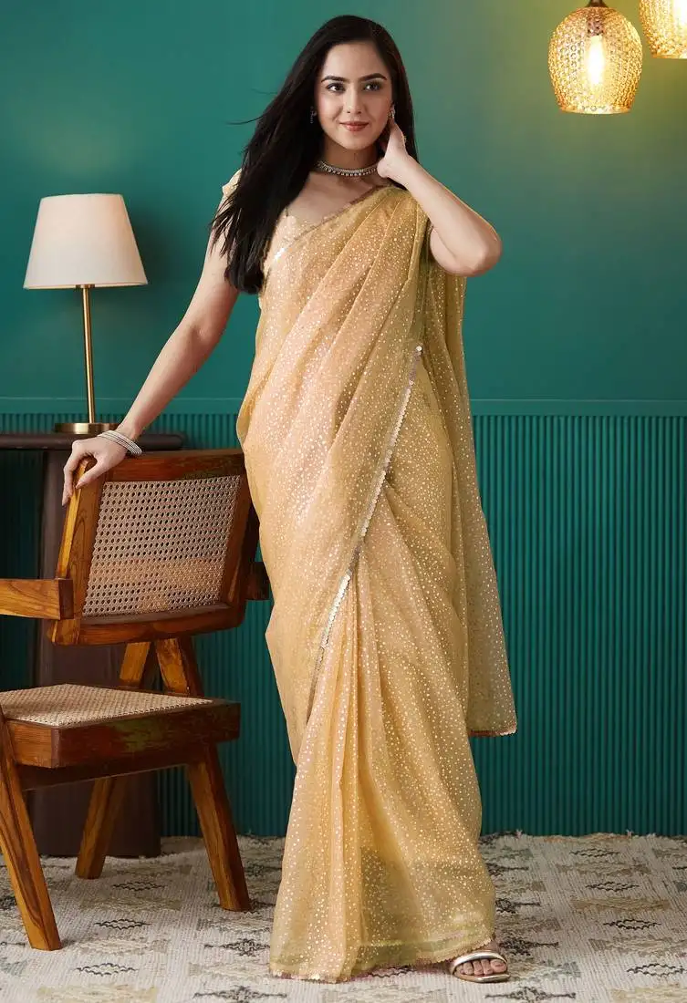 Yellow organza foil printed ready to wear saree