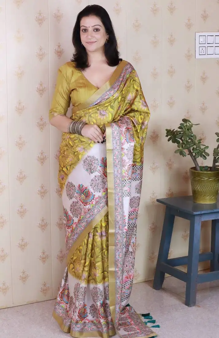 Woven zari border digital printed yellow tussar silk saree