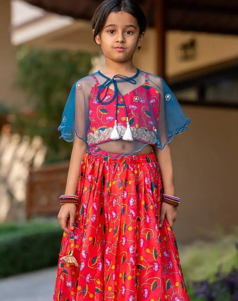 Red printed chanderi lehenga set