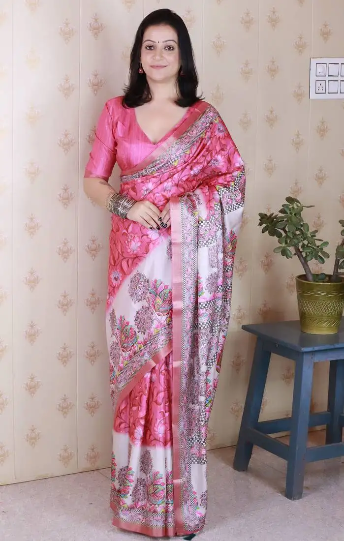Woven zari border digital printed pink tussar silk saree