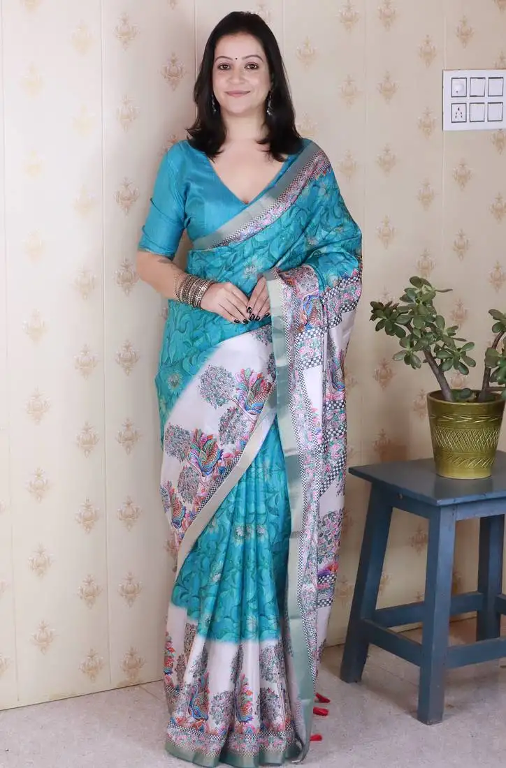 Woven zari border digital printed sea green tussar silk saree