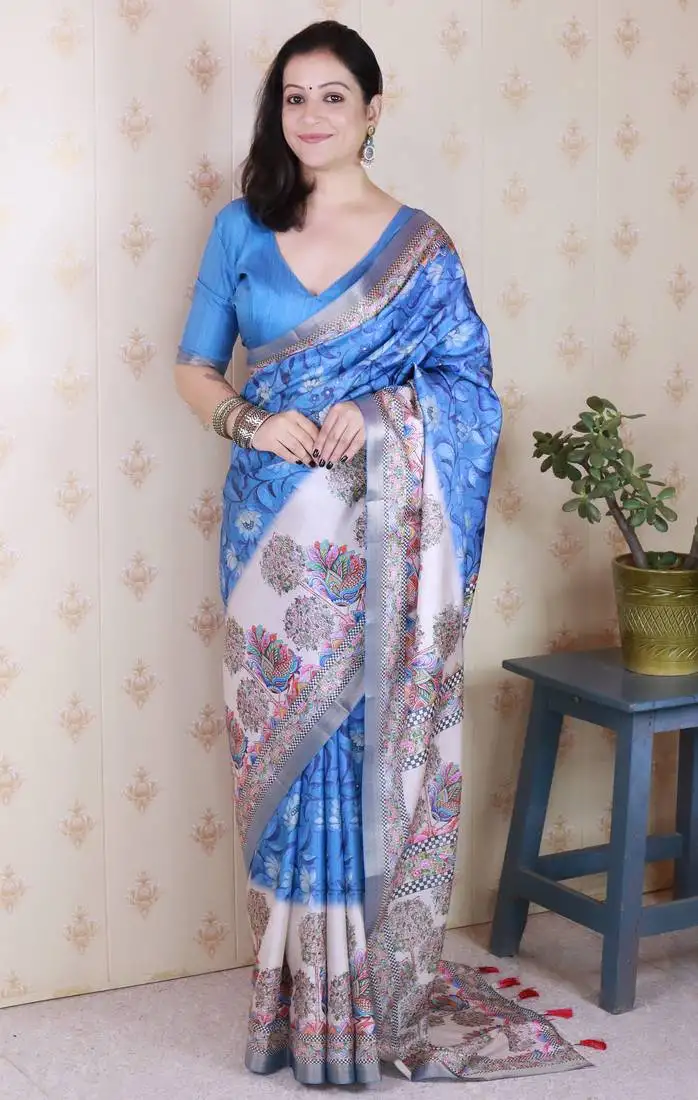 Woven zari border digital printed blue tussar silk saree