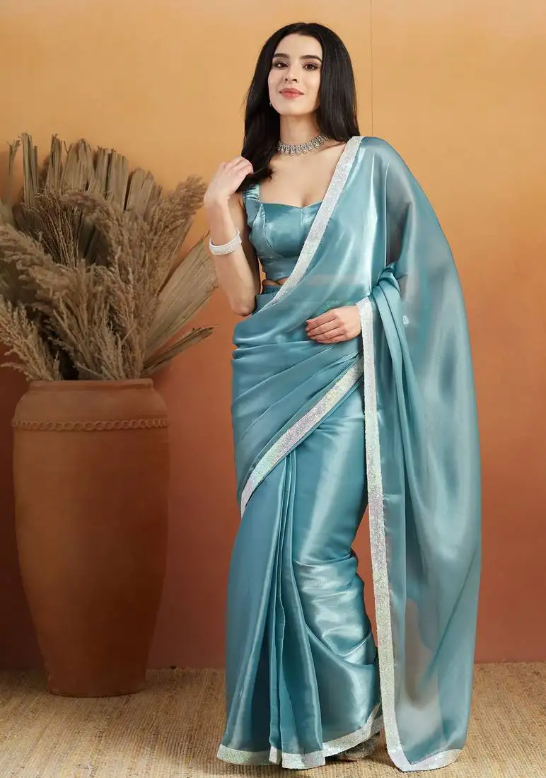 Sky blue velvet ready to wear saree