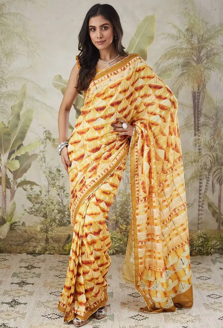 Yellow muslin printed ready to wear saree
