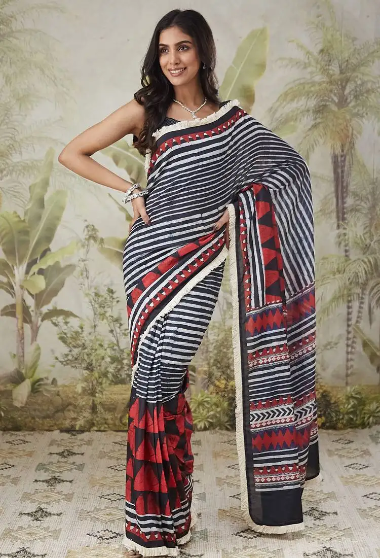 Red muslin printed ready to wear saree
