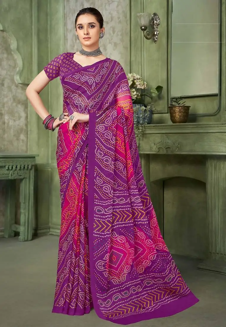 Purple pink chiffon bandhani double shaded printed saree with blouse