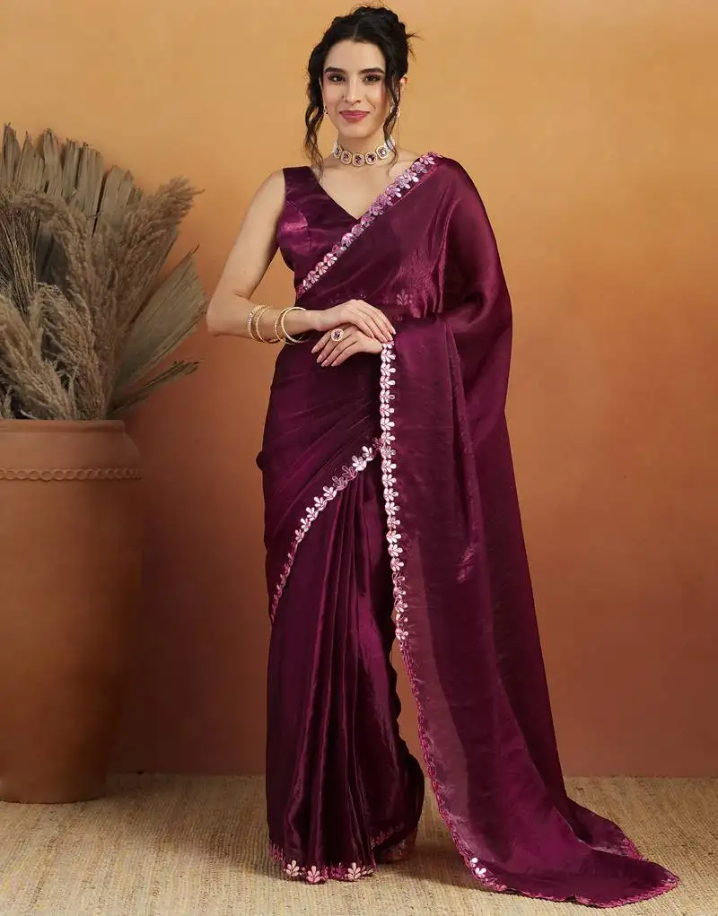 Wine embroidered ready to wear saree