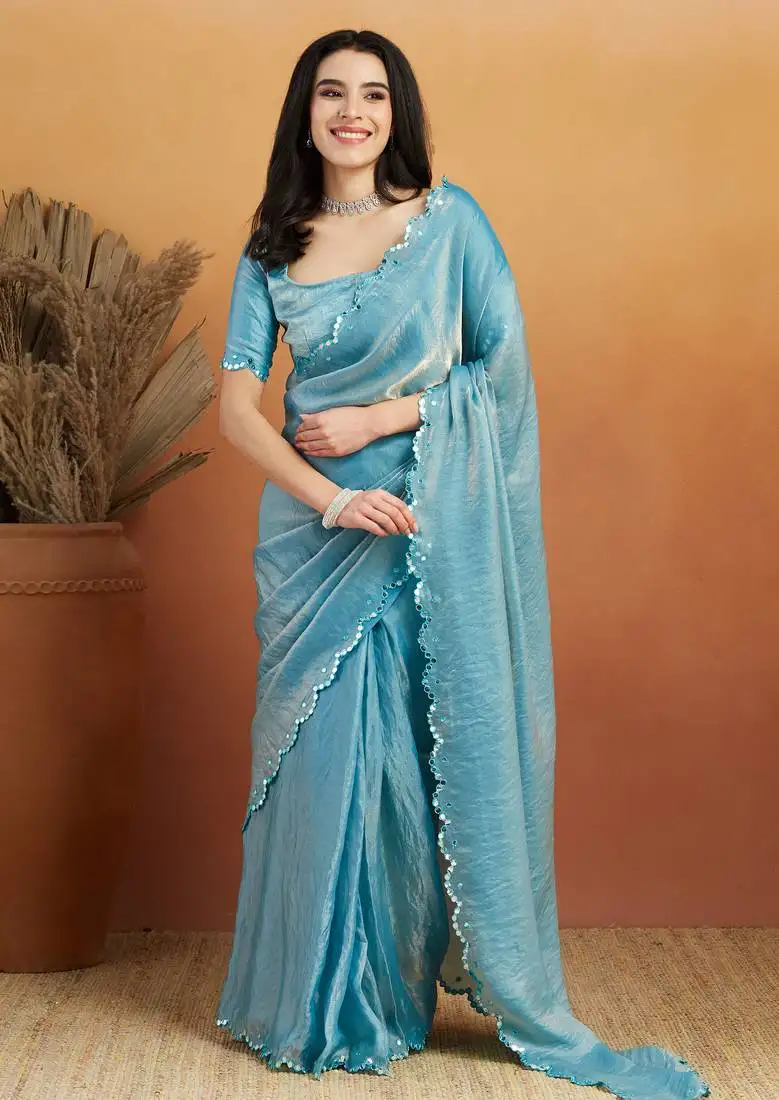 Sky blue satin ready to wear saree