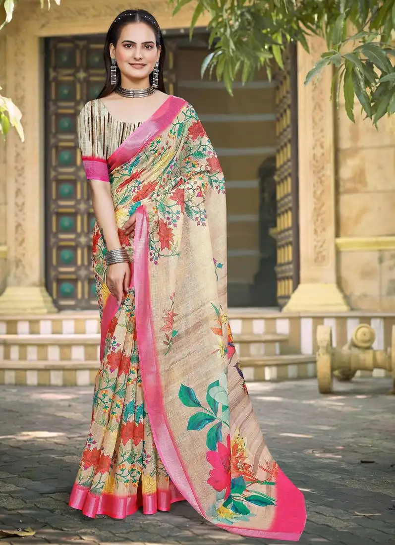 Yellow linen cotton woven border printed saree