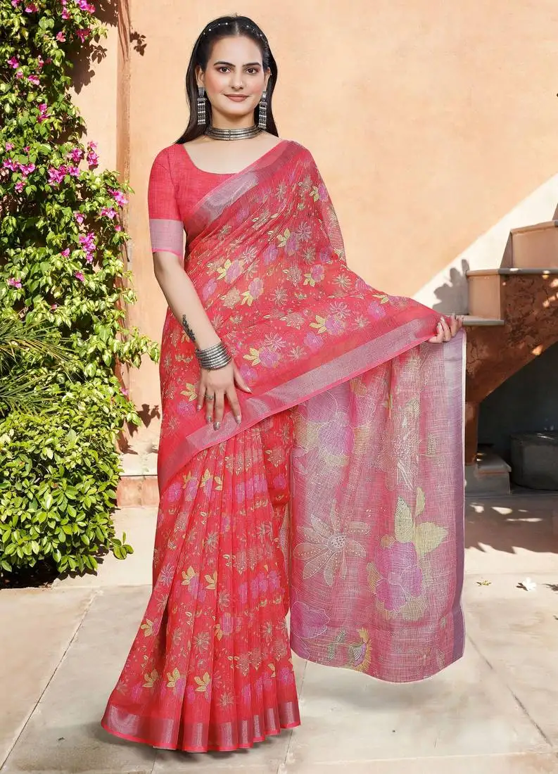 Red linen cotton woven border printed saree