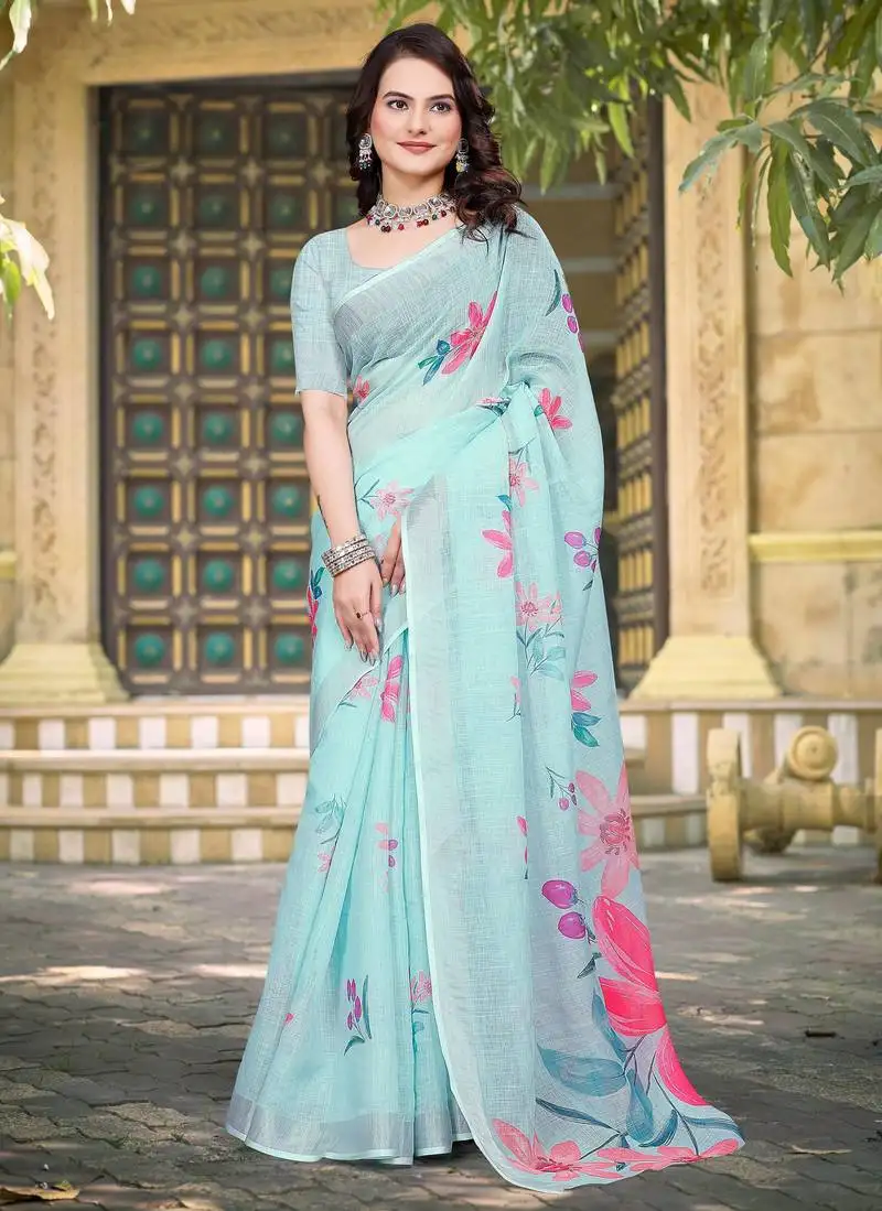 Sea green printed saree with woven border