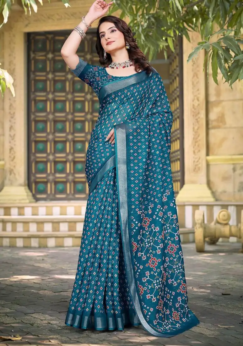 Teal printed saree with woven border