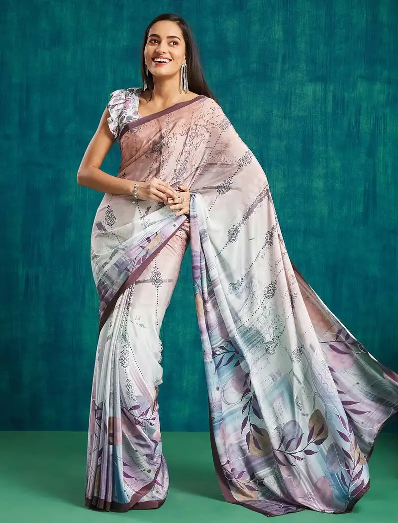 Wine crepe digital printed ready to wear saree