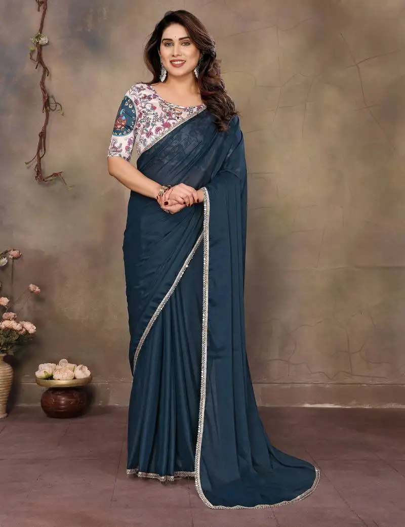 Teal blue georgette solid saree