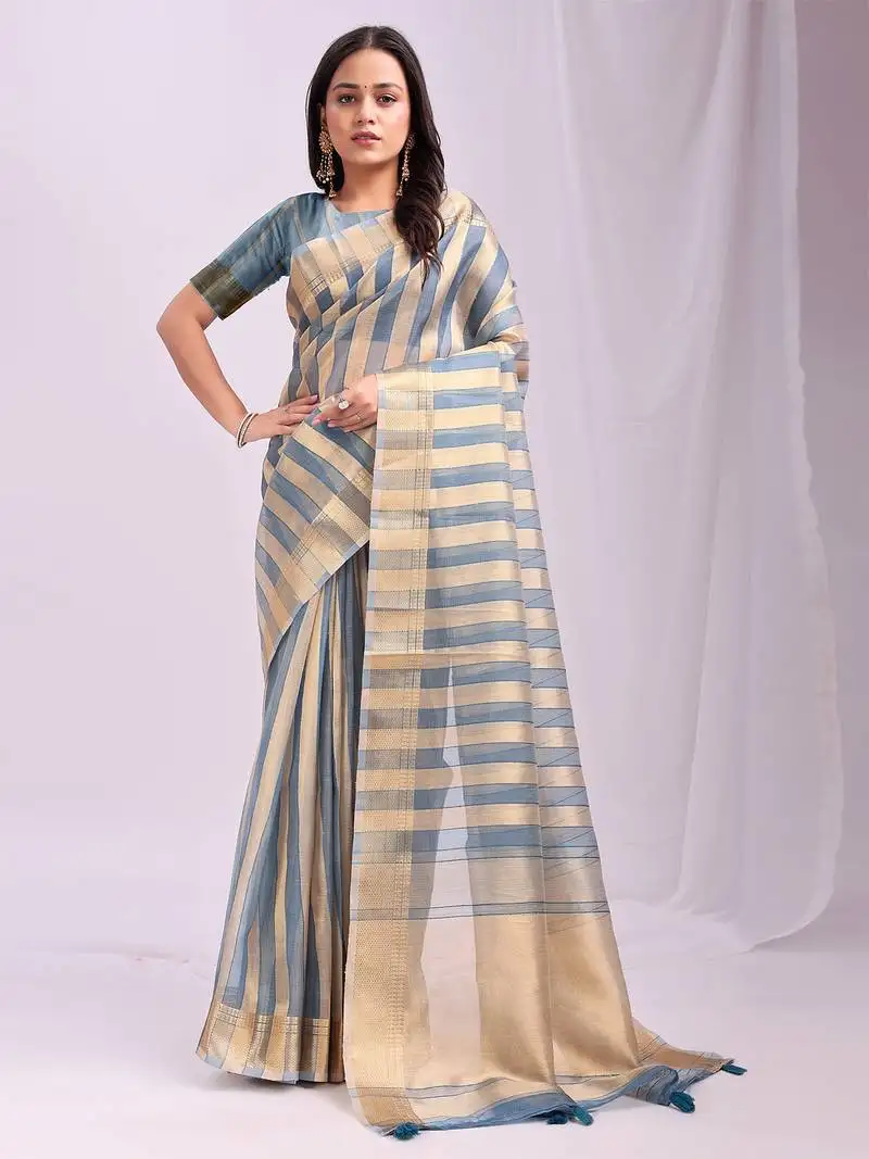 Sky blue organza woven patta saree