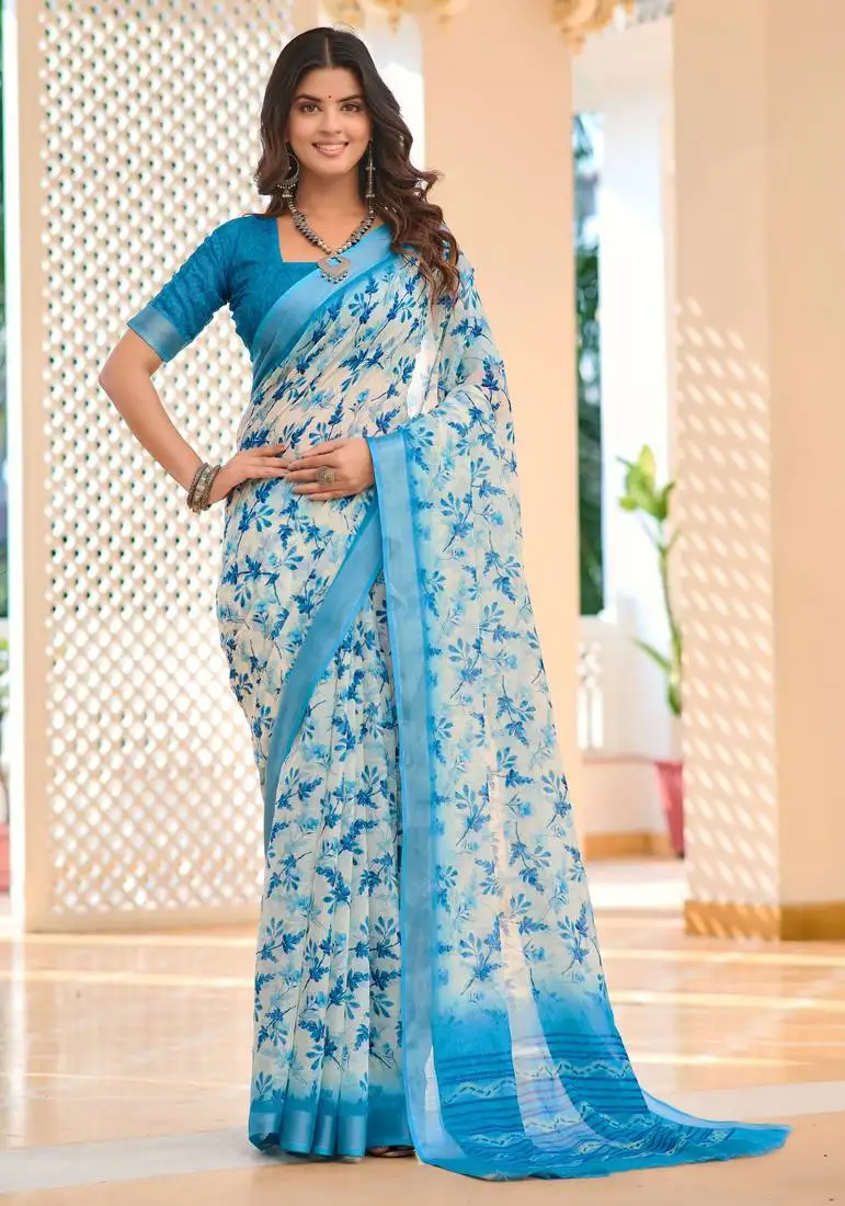 Teal blue printed linen cotton saree
