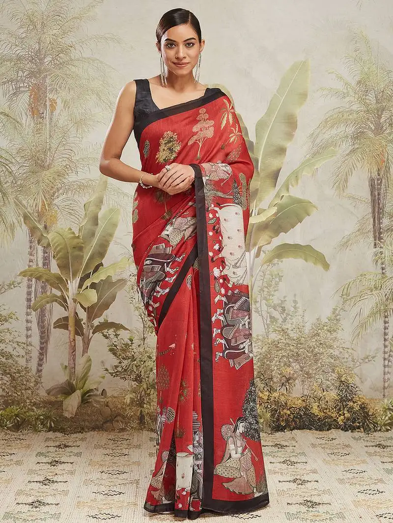 Red cotton silk blend digital printed saree