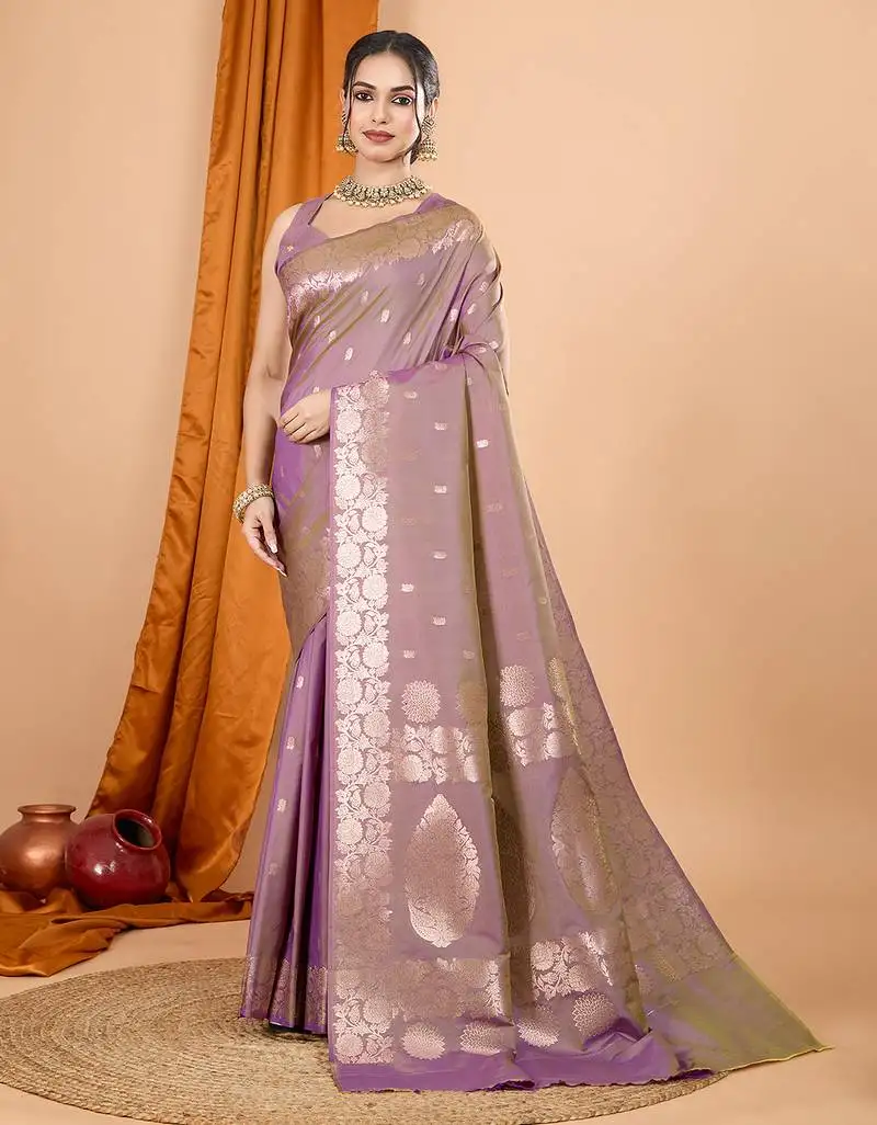 Lavender banarasi silk blend meenakari zari weaving saree with tassels on pallu