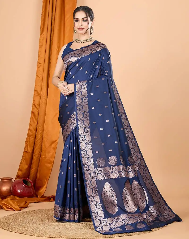 NavyBlue banarasi silk blend meenakari zari weaving saree with tassels on pallu