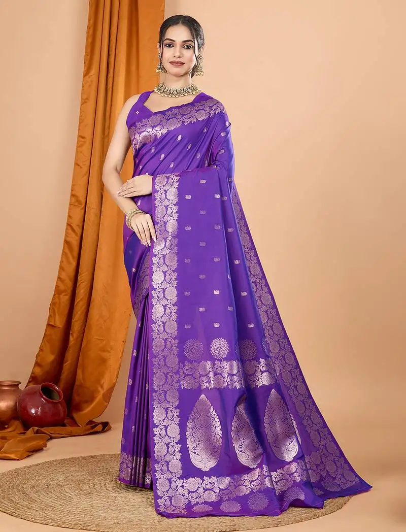 Purple banarasi silk blend meenakari zari weaving saree with tassels on pallu