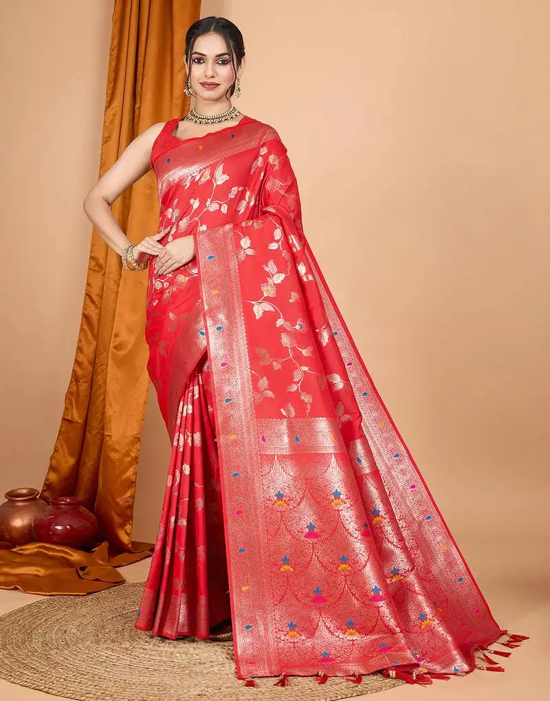 Red banarasi silk blend meenakari zari weaving saree with tassels on pallu
