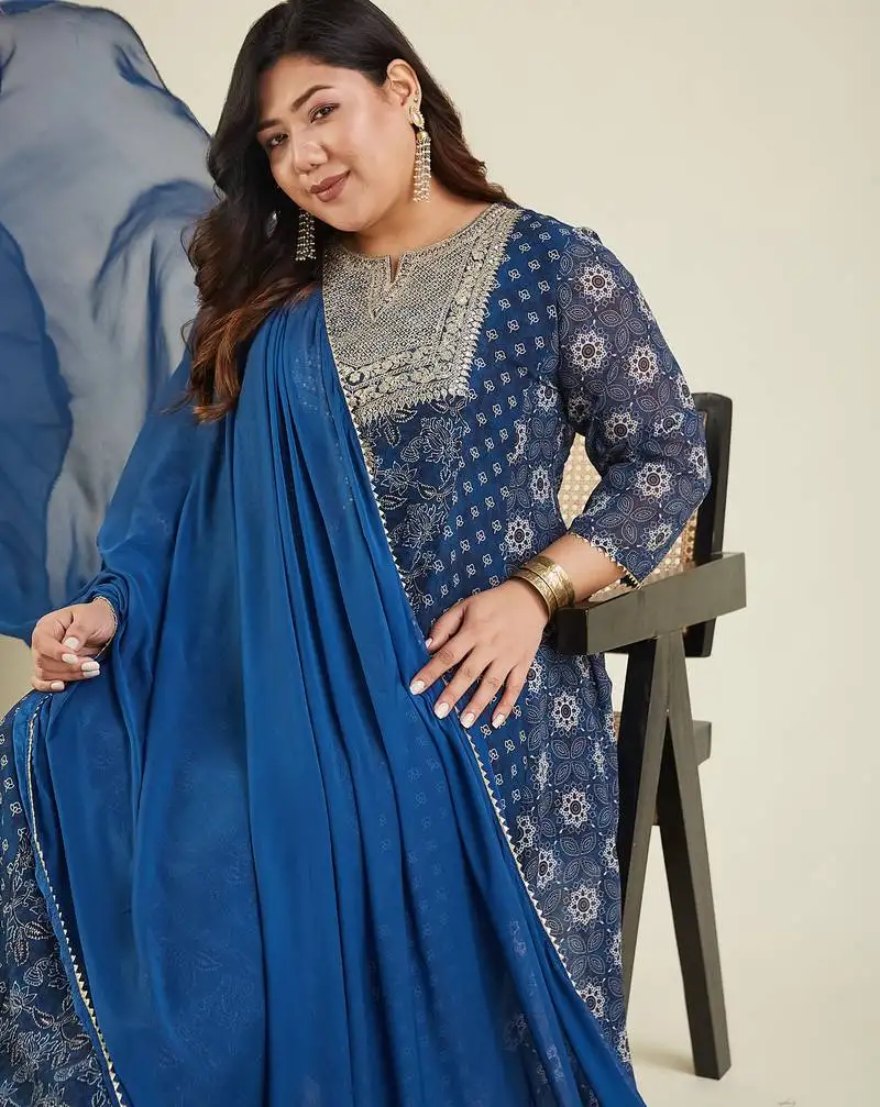 Janasya women's plus size dark blue georgette ajrakh printed embellished anarkali kurta set stitched