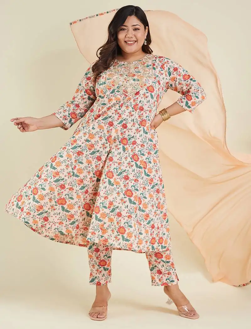 Janasya women's plus size peach pure cotton floral printed zari embroidered anarkali kurta set stitched