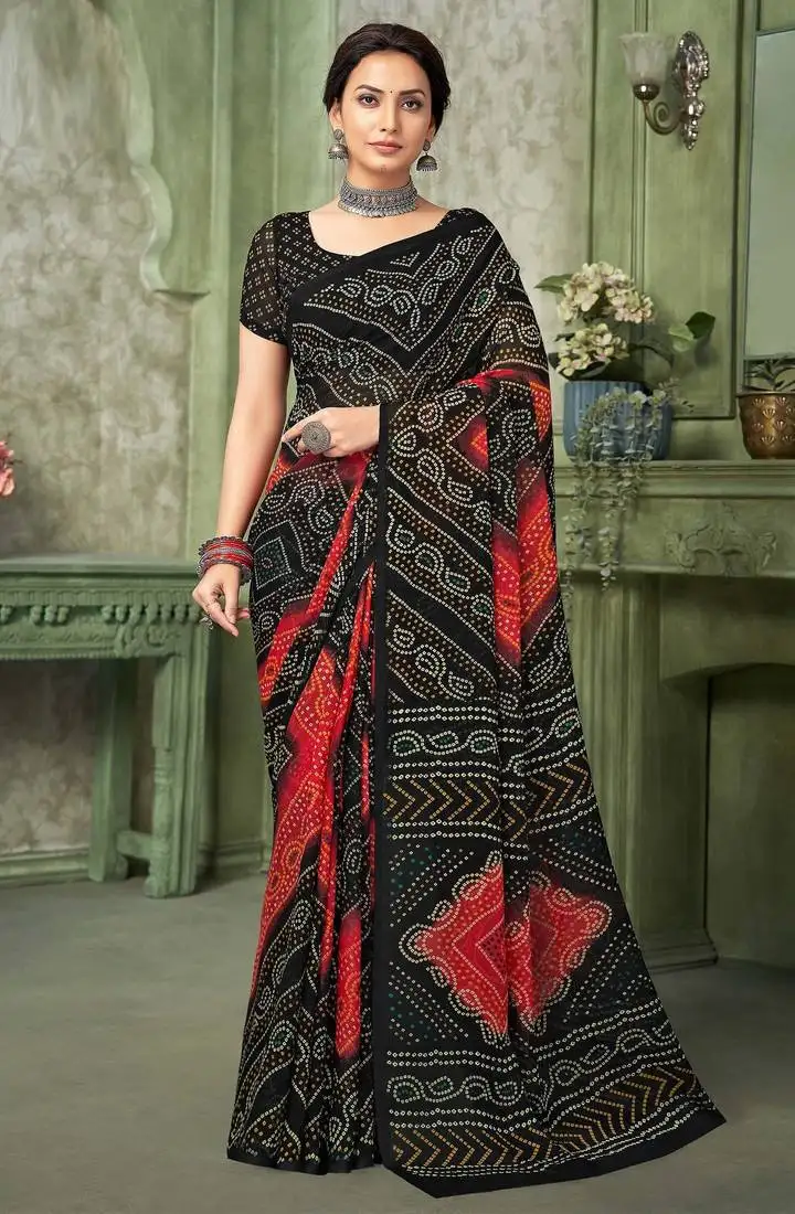 Black red chiffon bandhani double shaded printed saree with blouse