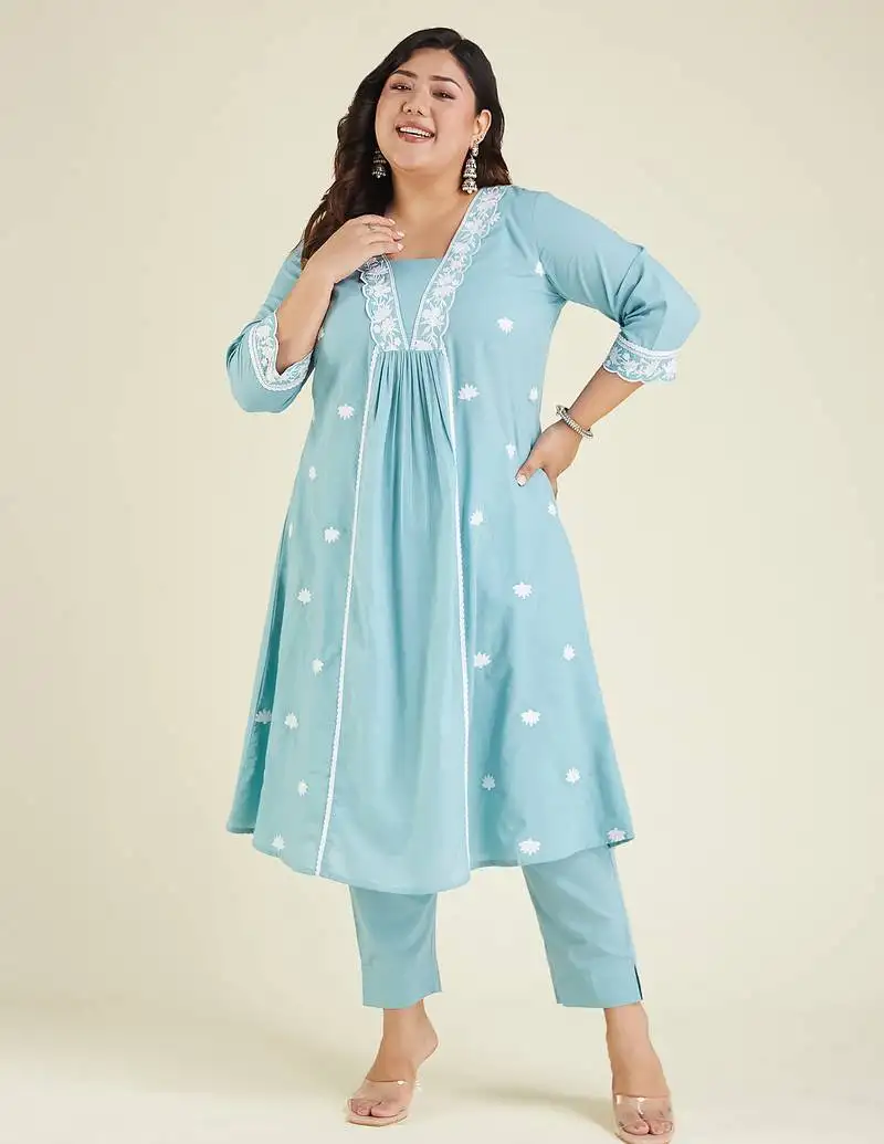 Janasya women's plus size light blue pure cotton embroidered a-line kurta pant set stitched