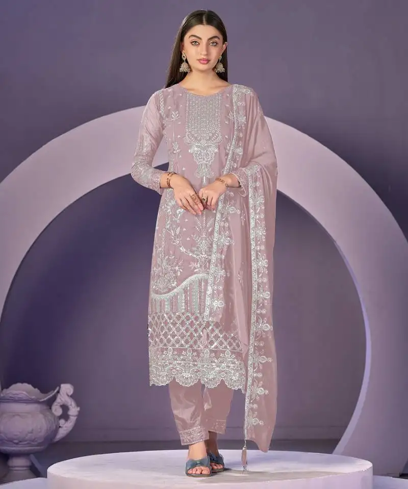 Dusty pink color embroideried faux georgette semi stitched salwar suit