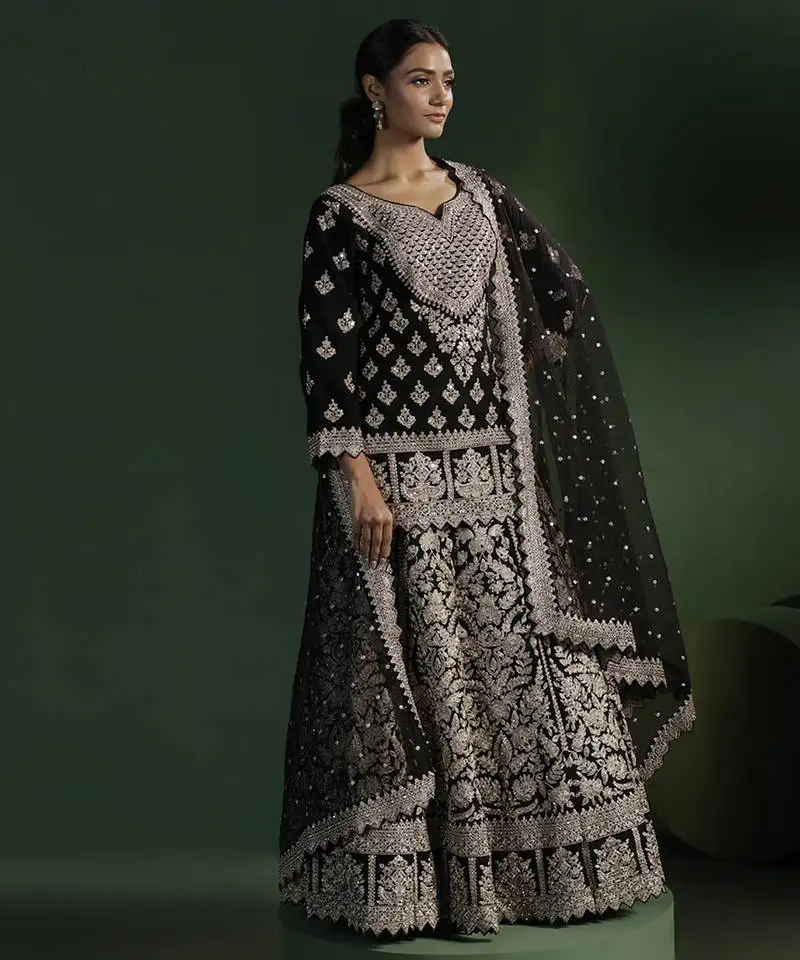 Black embroidered silk lehenga with kurti