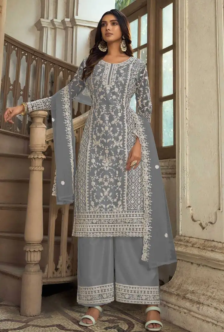 Grey embroidery & sequins work net straight palazzo suit - semi-stitched semi stitched